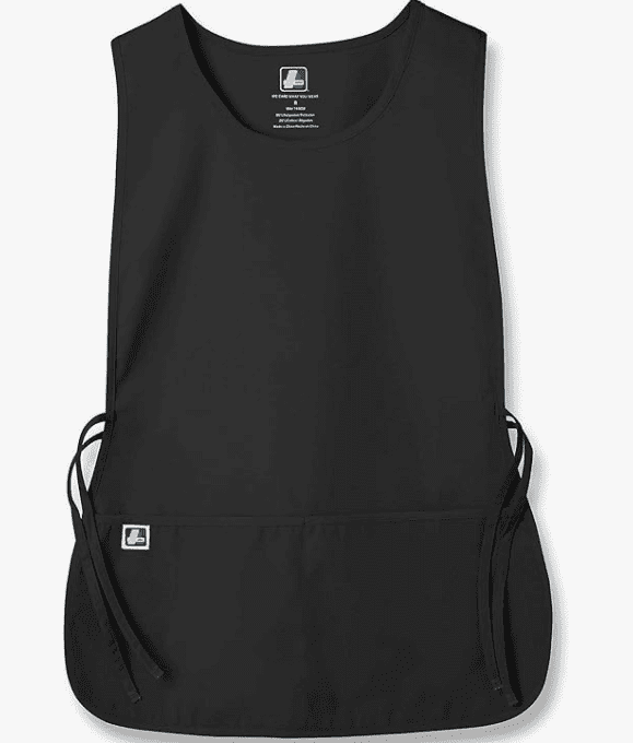 A black apron with pockets on the side.