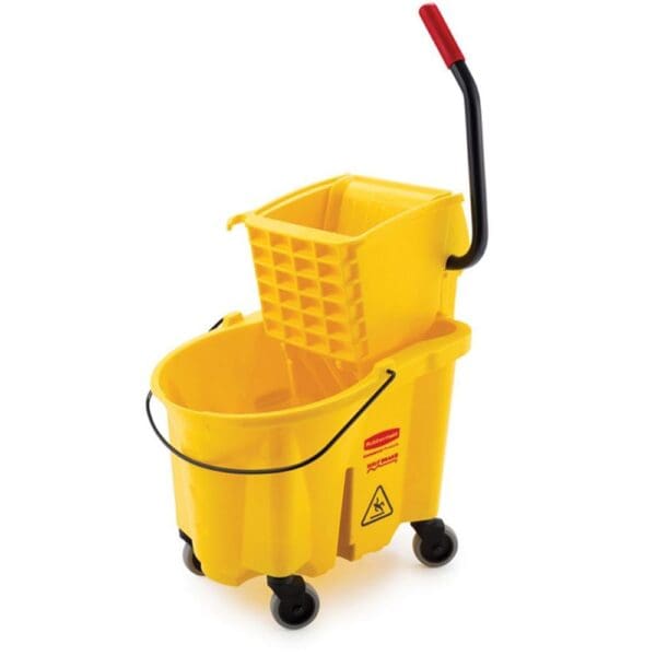 A yellow bucket and mop holder on wheels.