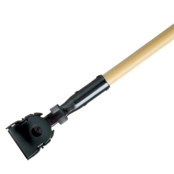 A wooden handle with a black plastic head.