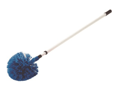 A blue and white duster on a pole.