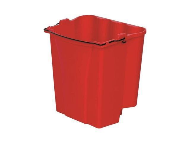 A red bucket is sitting on the floor.