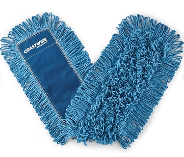 A blue mop with two sides and one side of the front.