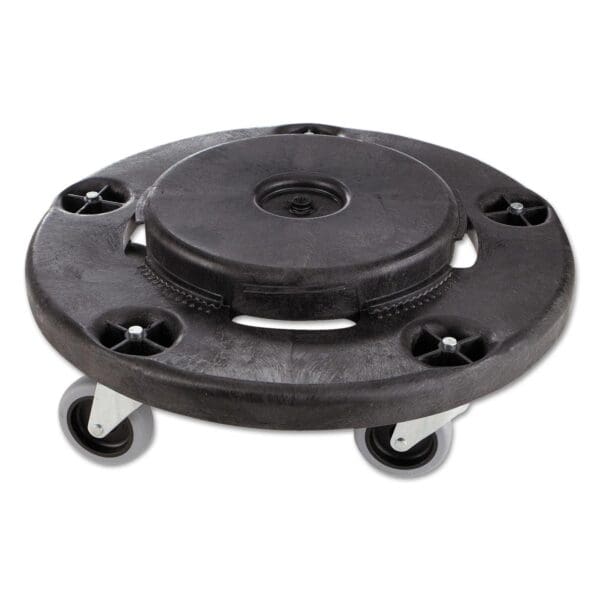 A black plastic dolly with wheels on top.