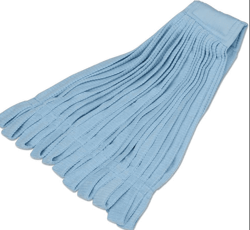 A blue mop is laying on its side.