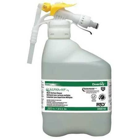 A bottle of disinfecting solution is shown.