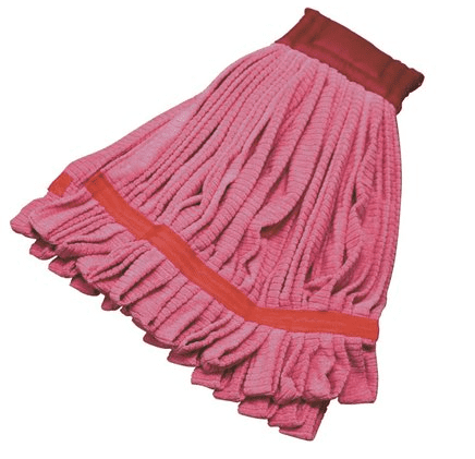 A pink mop with red trim on top of it.