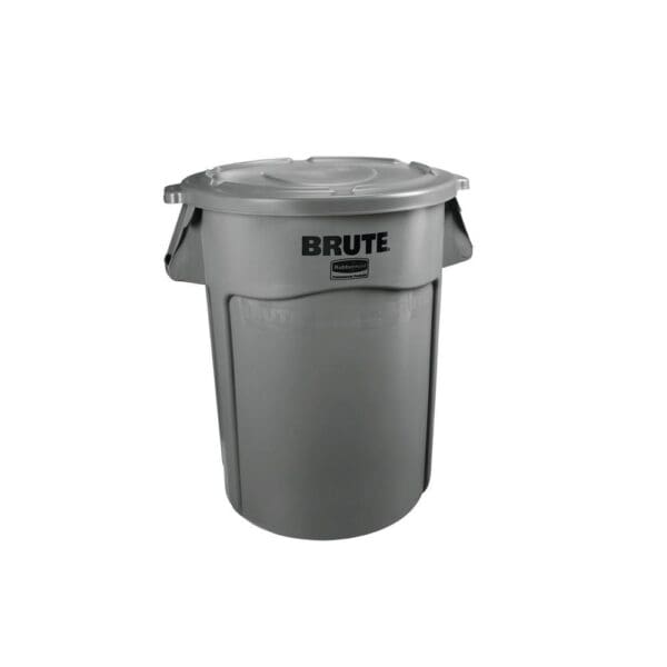 A gray trash can with the words brute on it.