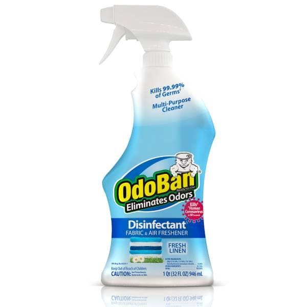 A bottle of odobarr disinfectant spray on top of a table.