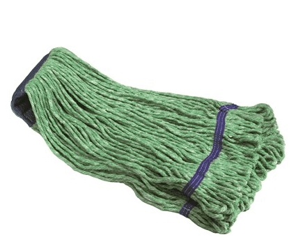 A green mop is laying on its side.