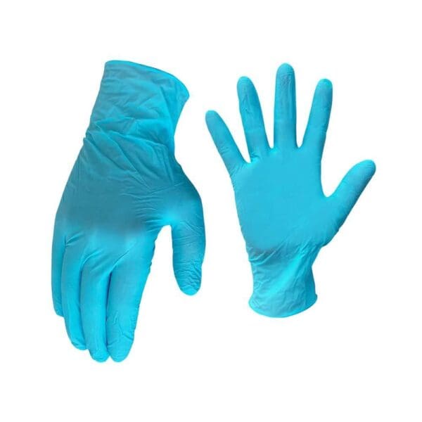 A pair of blue gloves with one hand and the other hand up to their side.