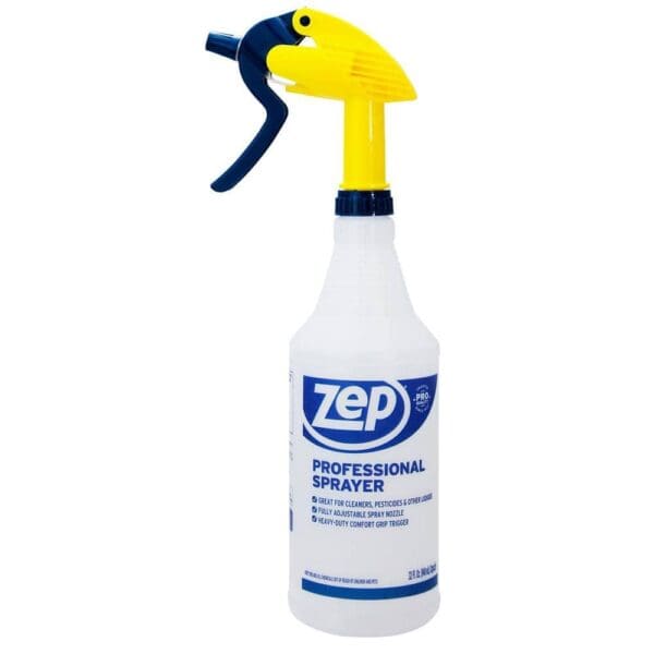 A spray bottle with a yellow top and blue handle.