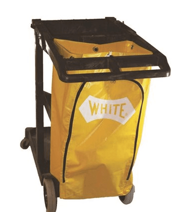 A yellow bag with white writing on it.