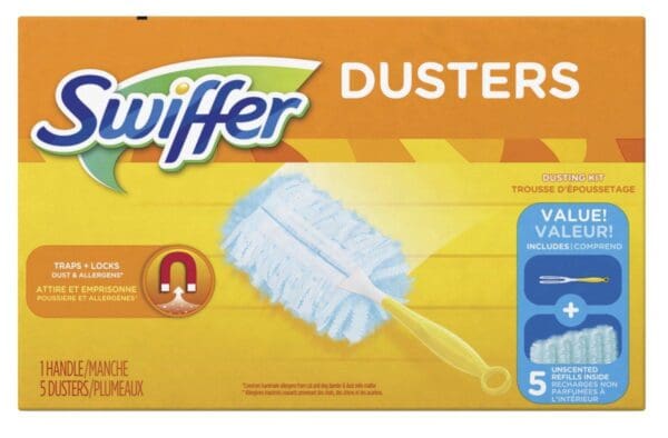 A box of swiffer dusters with the handle up.