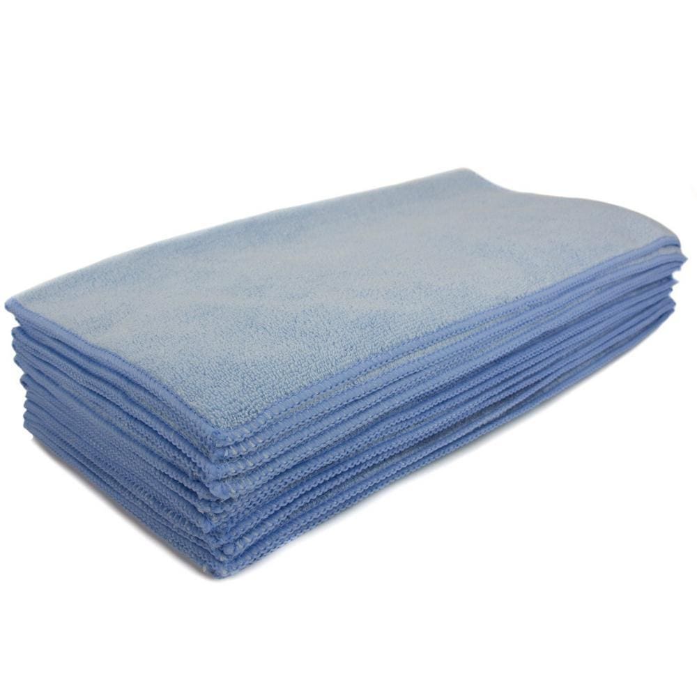 A stack of blue microfiber towels folded in half.