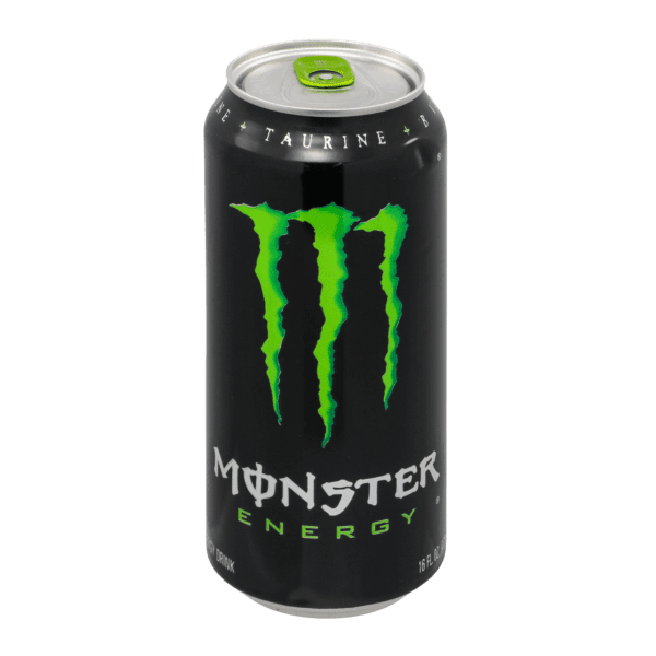 A can of monster energy drink on a green background