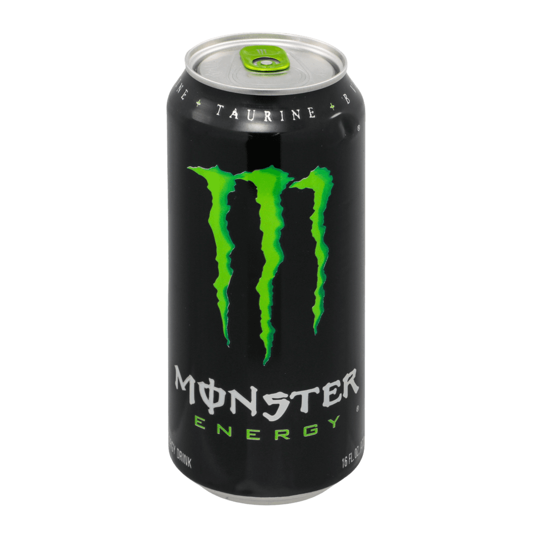 A can of monster energy drink on a green background