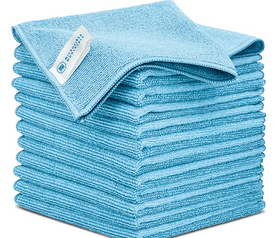 A stack of blue microfiber towels folded in each other.