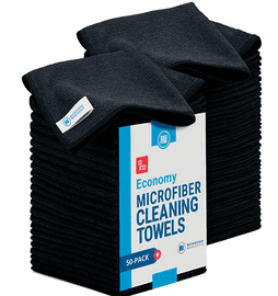 A stack of microfiber cleaning towels in black.