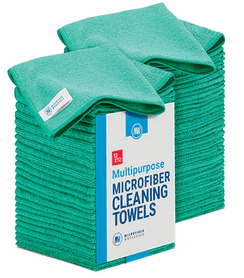 A stack of microfiber cleaning towels in green.