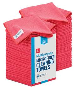 A stack of microfiber cleaning towels in red.