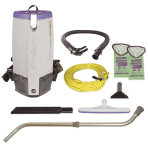 A backpack vacuum with accessories and cleaning supplies.