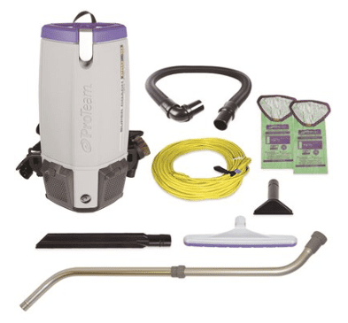 A backpack vacuum with accessories and cleaning supplies.