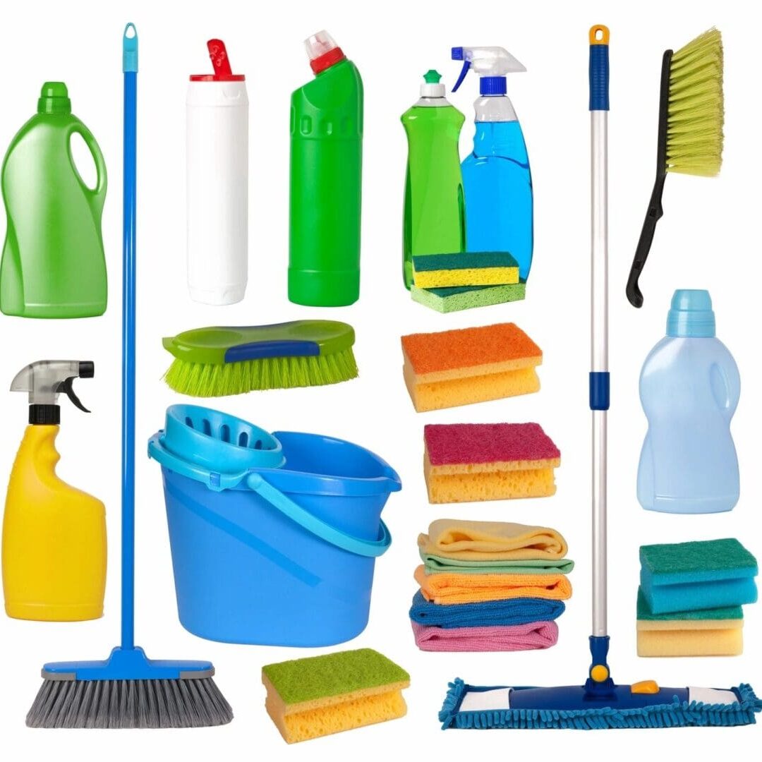 A collection of cleaning supplies and equipment.